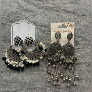 Large Black and Silver Dangle Earrings Set